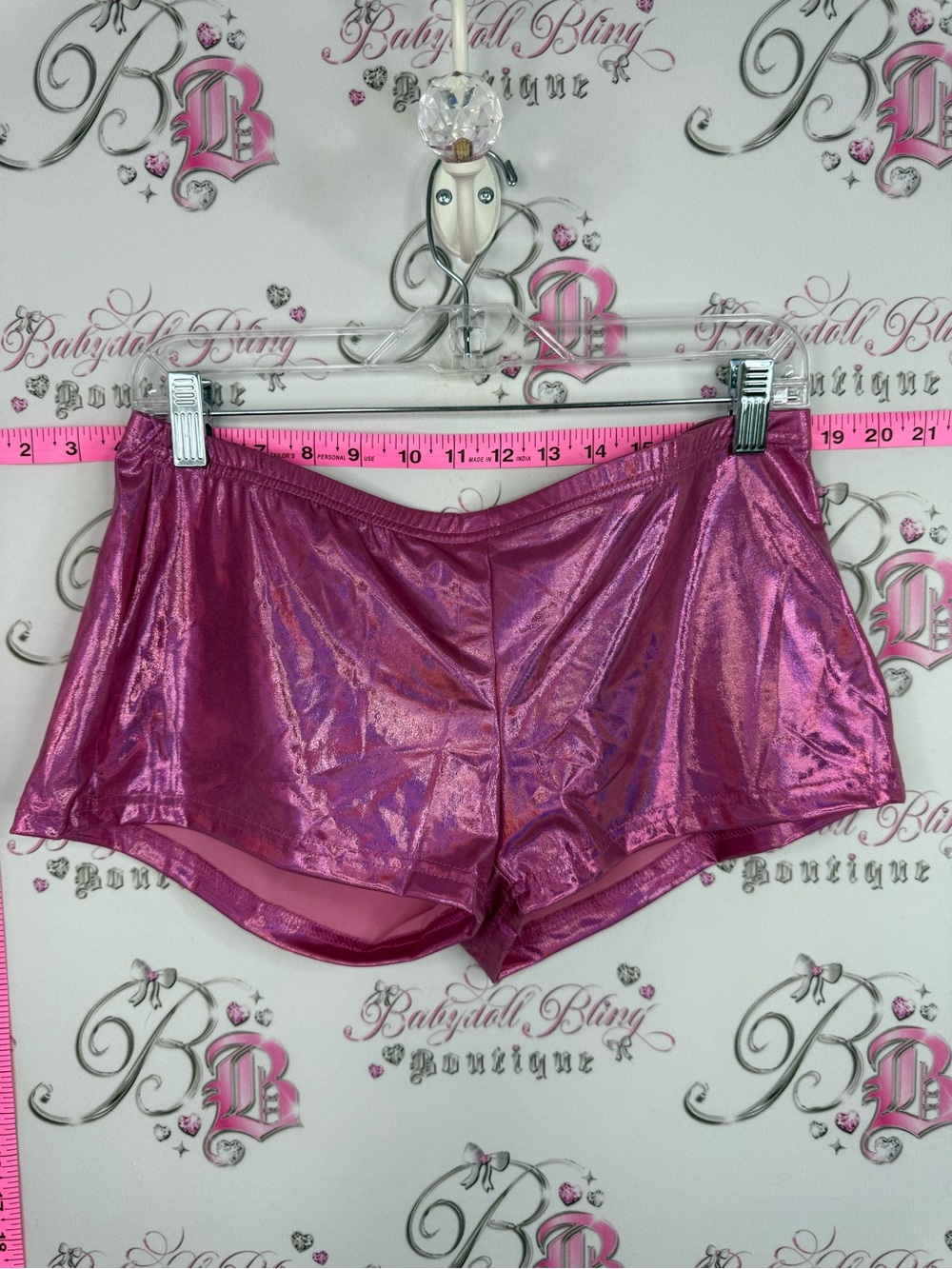 SHEIN heart cut out back rhinestone Metallic Pink Iridescent Lounge Shorts sexy